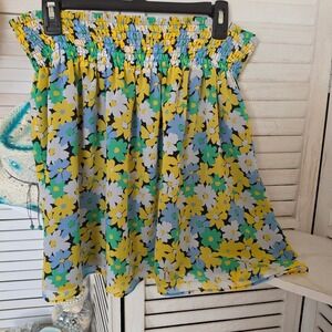 Loft Outlet Floral Mini Skirt XL Yellow Blue Daisy Smocked Waist Summer